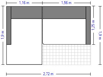 Grundriss mit Maßen: Zwei rechteckige Räume, 2,72 m breit, 1,9 m hoch, teils schraffierte Fläche.