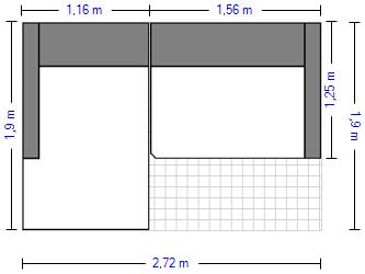 Skizze eines rechteckigen Raumes mit Maßen, grauen Flächen und kariertem Bereich, Grundriss, Raumaufteilung.