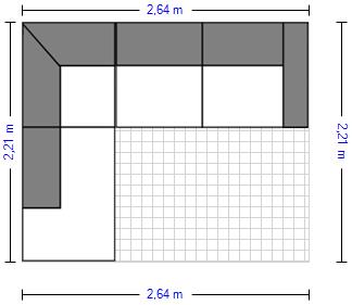Grundriss einer L-förmigen Couch mit Maßen 2,64 x 2,21 m, angrenzend an karierten Bodenbereich.