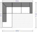 Grundriss einer L-förmigen Couch mit Maßen 2,64 x 2,21 m, angrenzend an karierten Bodenbereich.