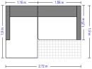 Grundriss mit Maßen: Zwei Räume, 2,72 m breit, 1,9 m hoch, Fliesenbereich, graue Markierungen, Architekturzeichnung.